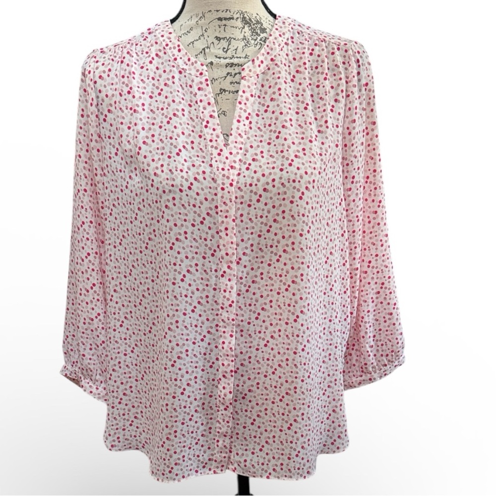 π NYDJ Pink Polka Dot Pattern 3/4 Sleeve Blouse for Business Casual & Dressy